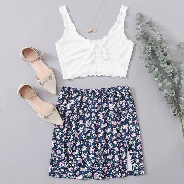 

Plus Knot Front Lettuce Trim Tank Top & Split Hem Ditsy Floral Skirt Set, Multicolor