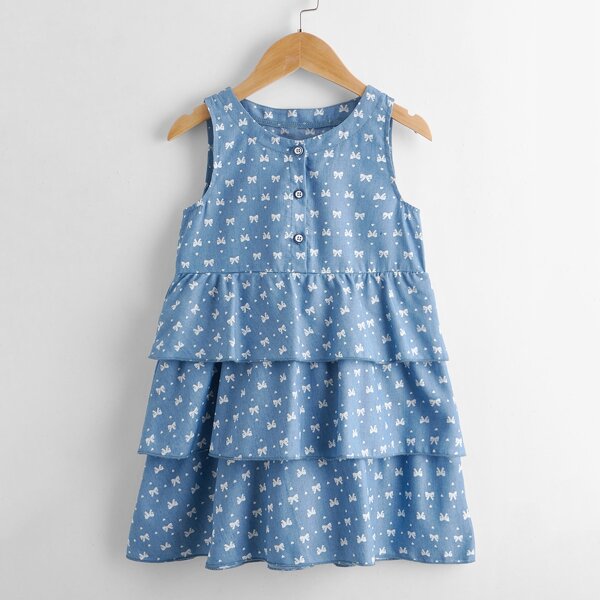 

Toddler Girls Heart & Bow Print Denim Smock Dress, Medium wash