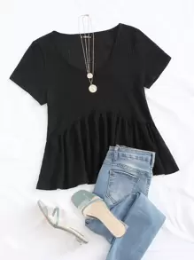 SHEIN Privé Plus Rib-knit Peplum Top - Black - View 1