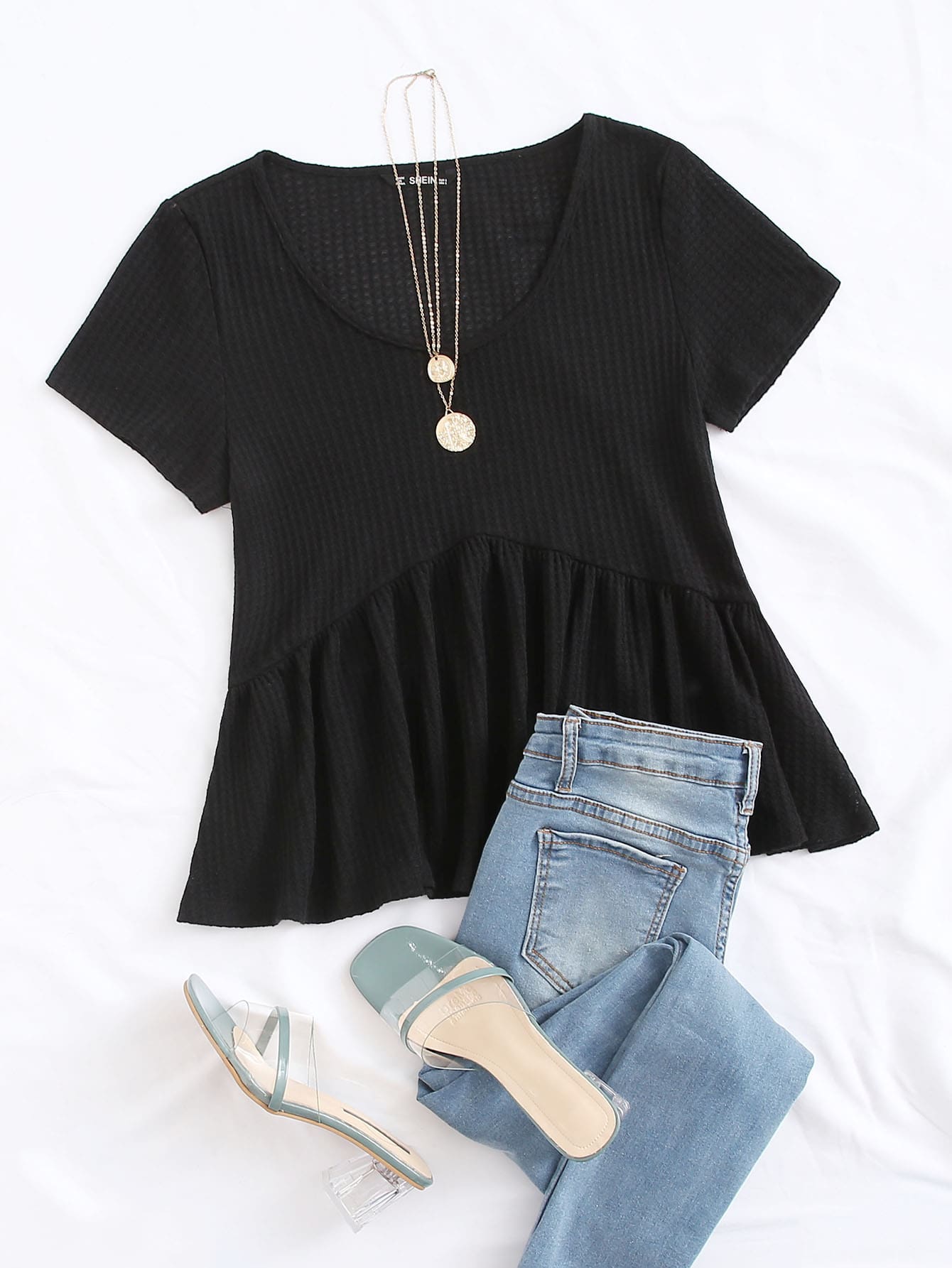 SHEIN Privé Plus Rib-knit Peplum Top - Black - View 1
