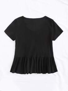 SHEIN Privé Plus Rib-knit Peplum Top - Black - View 2