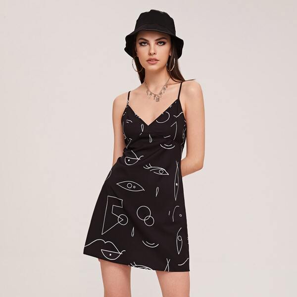 

Graphic Print Cami Dress, Black