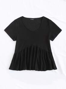 SHEIN Privé Plus Rib-knit Peplum Top - Black - View 4