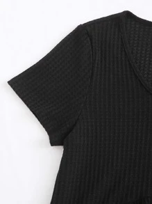 SHEIN Privé Plus Rib-knit Peplum Top - Black - View 5