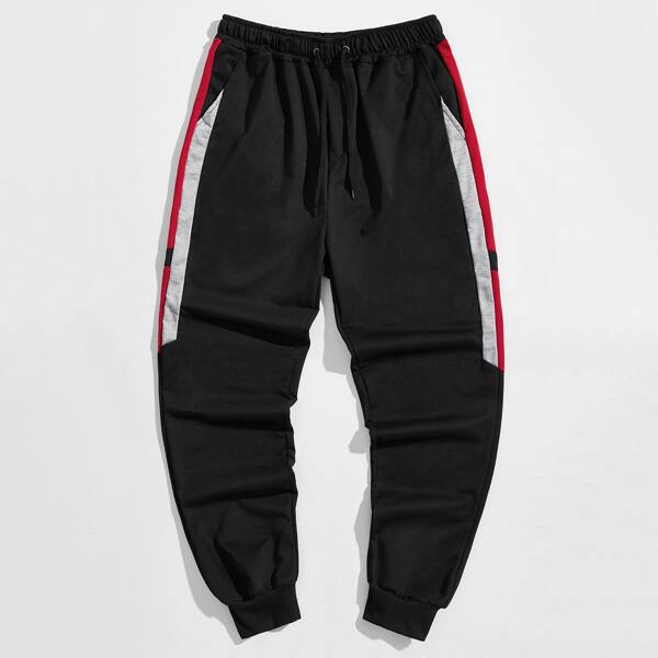 

Men Contrast Panel Drawstring Waist Sweatpants, Black