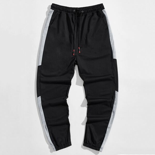 

Men Contrast Panel Drawstring Waist Sweatpants, Black