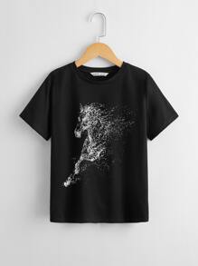 SHEIN Boys Horse Print Tee - Black - View 1