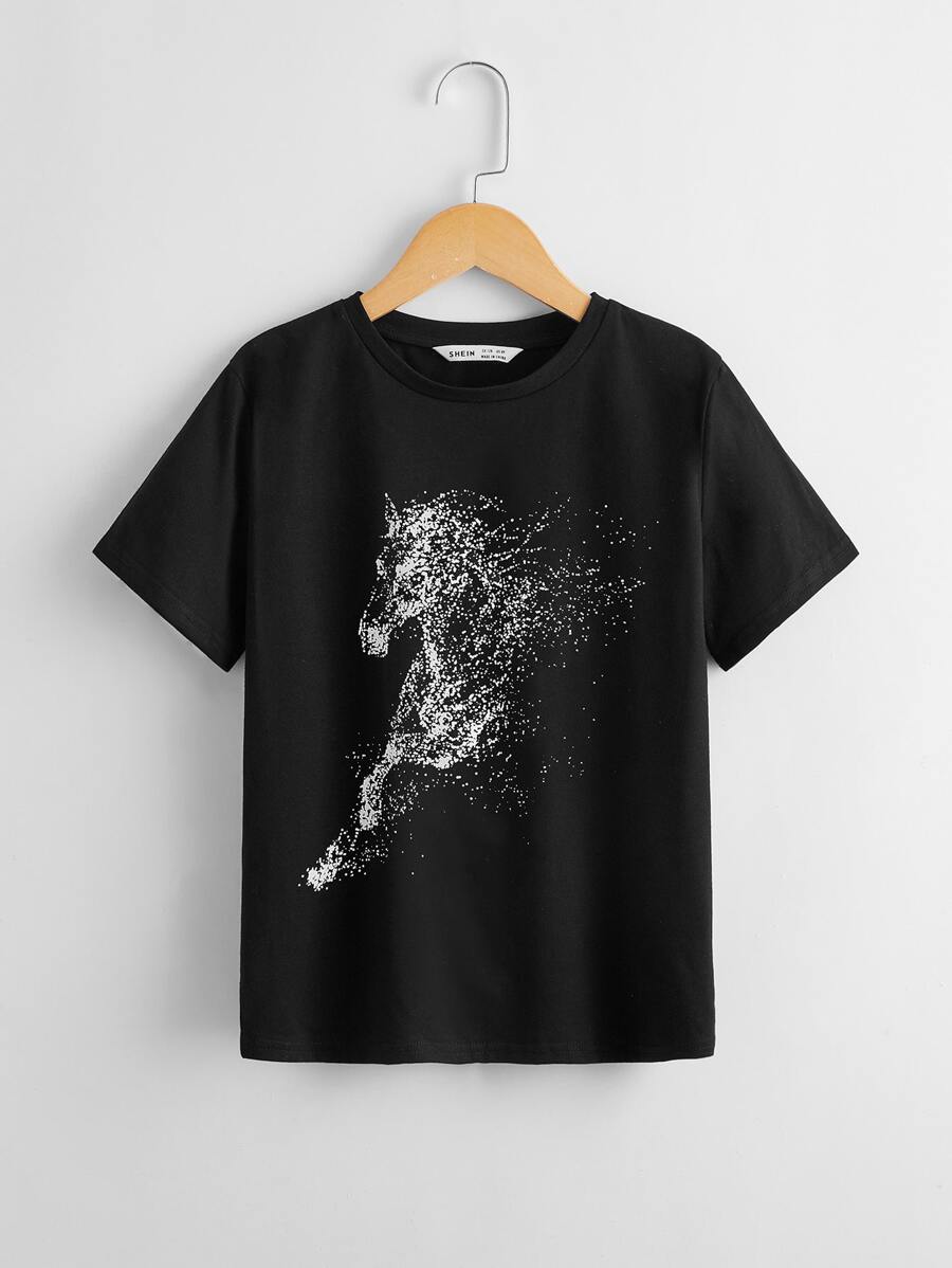 SHEIN Boys Horse Print Tee - Black - View 1