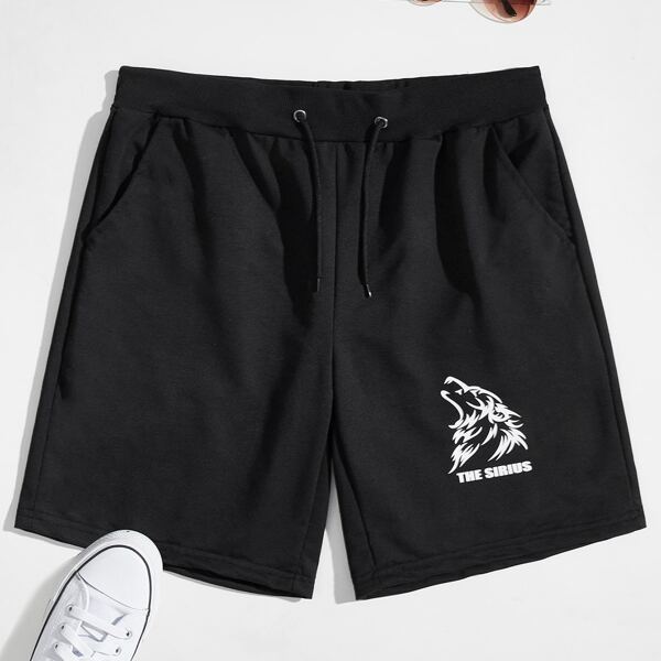 

Men Wolf Print Drawstring Waist Shorts, Black