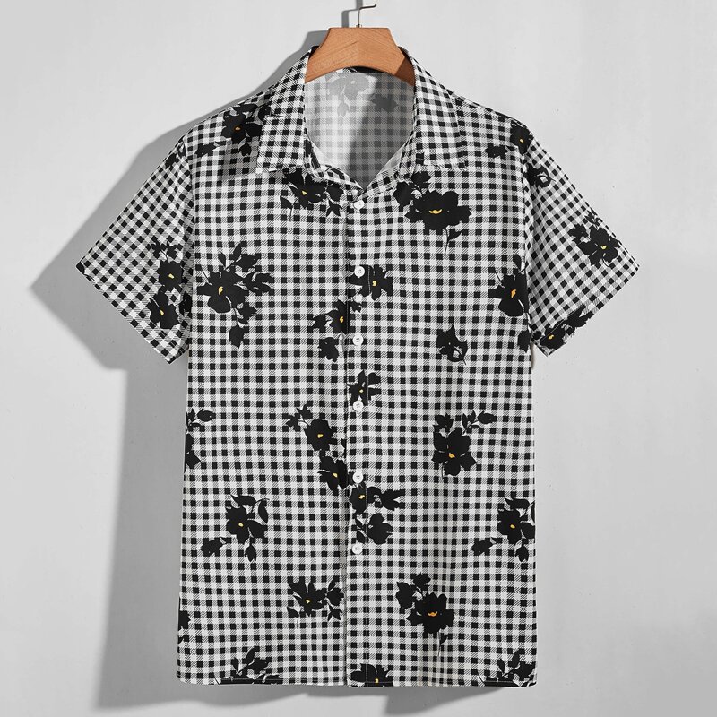 

Guys Gingham Floral Button Front Shirt, Black and white