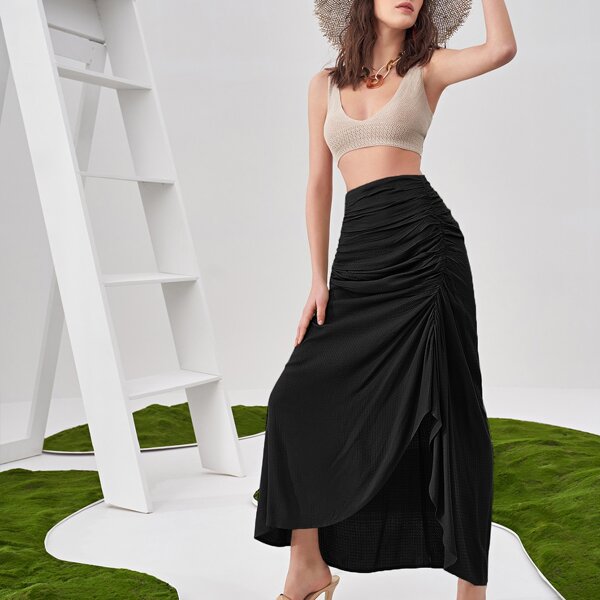 

Ruched Asymmetrical Hem Skirt, Black