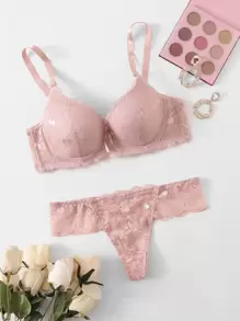 Set de lenjerie superpush up din dantela florala si chiloti - Roz - Vizualizare 1