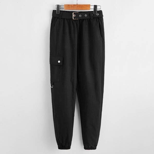 

Boys Buckle Belted Flap Pocket Side Pants, Black
