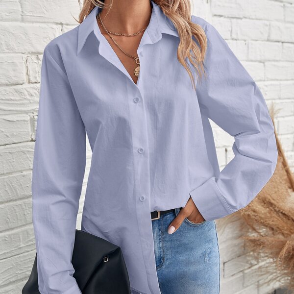 

Solid Button Front Blouse, Violet purple