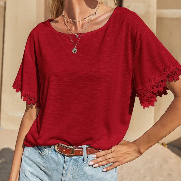

Guipure Lace Panel Drop Shoulder Tee, Burgundy
