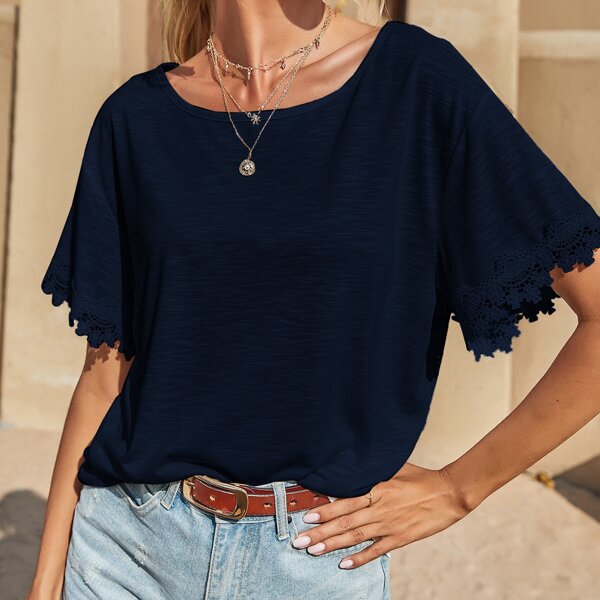 

Guipure Lace Panel Drop Shoulder Tee, Navy blue