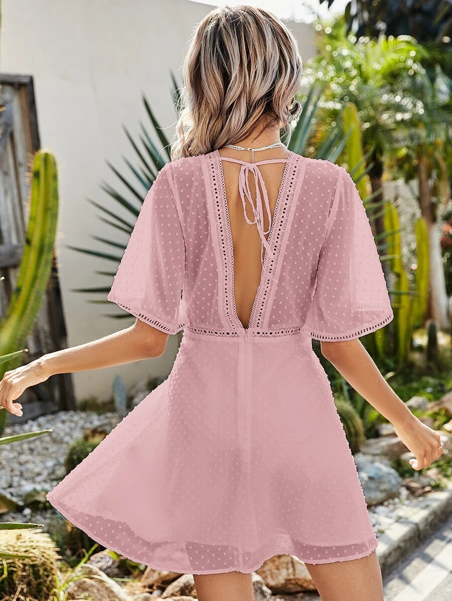 Đầm Tương phản ren màu trơn Boho - Bụi hồng - Xem 1