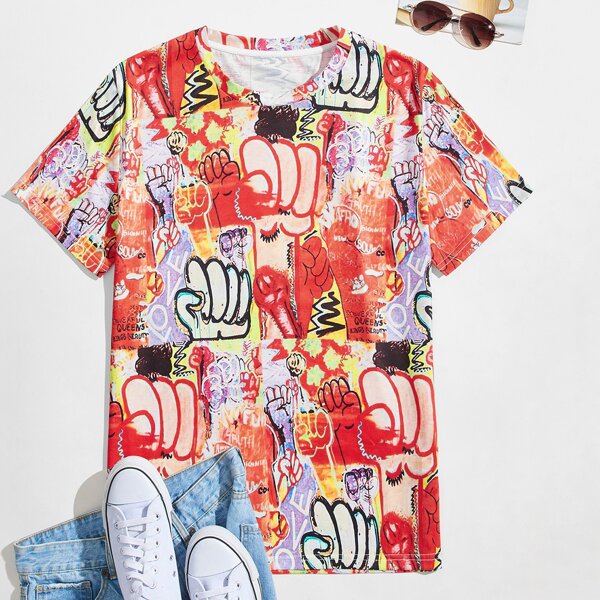 

Men Graffiti Print Round Neck Tee, Multicolor