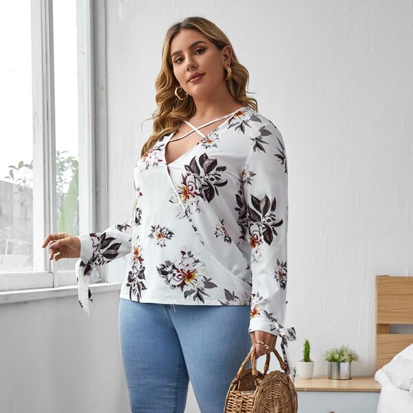 

Plus Floral Print Knot Cuff Wrap Blouse, White