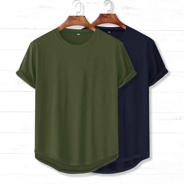 

Men 2pcs Dip Hem Solid Basics Tee, Multicolor