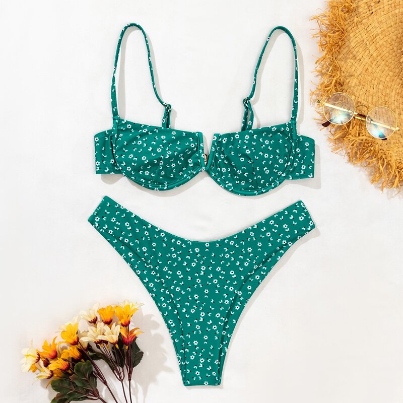 

Ditsy Floral High Cut Bikini Swimsuit, Dark green
