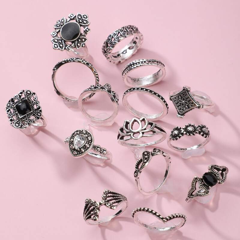

15pcs Rhinestone Floral Ring, Silver
