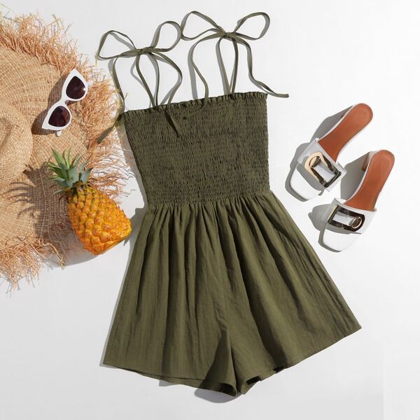 

Knot Shoulder Shirred Detail Slip Romper, Army green