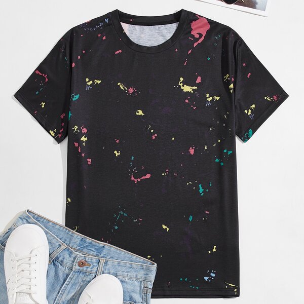 

Men Colorful Splash Ink Print Tee, Black