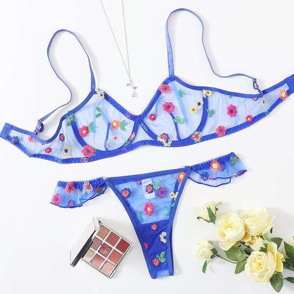 

Embroidered Mesh Underwire Lingerie Set, Royal blue
