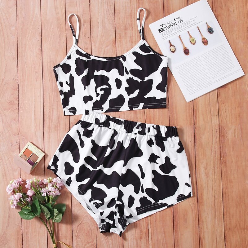 

Cow Print Pajama Set, Black and white