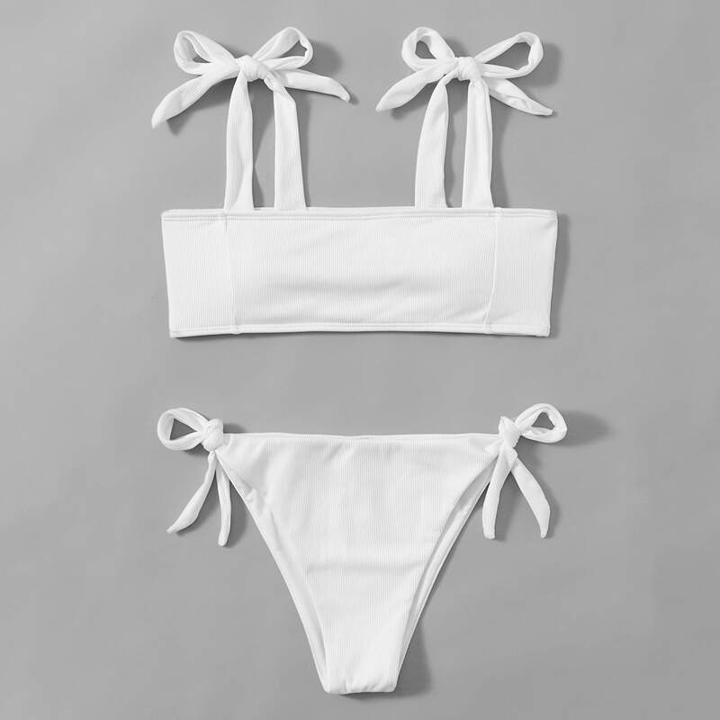 

Plain Rib Tie Side Bikini Swimsuit, White