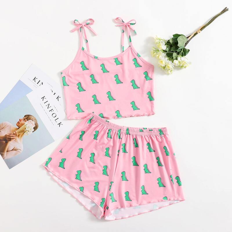 

Allover Cartoon Dinosaur Print Pajama Set, Pink