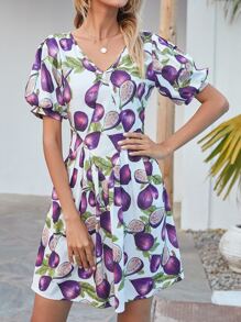 SHEIN Unity Tie Back Puff Sleeve Fig Print Dress - Multicolor - View 3