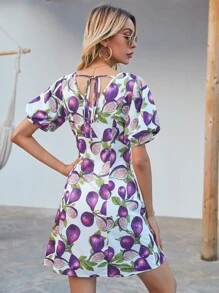 SHEIN Unity Tie Back Puff Sleeve Fig Print Dress - Multicolor - View 2