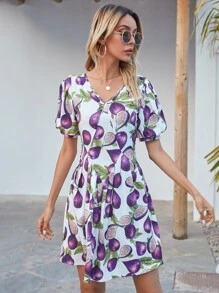 SHEIN Unity Tie Back Puff Sleeve Fig Print Dress - Multicolor - View 5