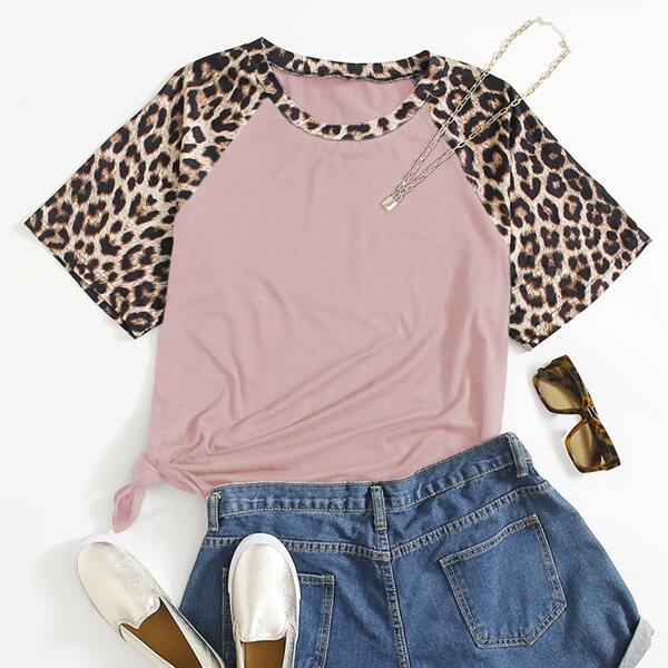 

Plus Contrast Leopard Baseball Tee, Dusty pink
