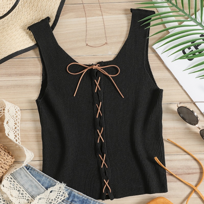 

Lace Up Front Knit Top, Black