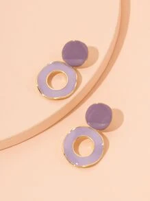 不对称圆形吊坠耳环 - 紫色 - 查看 3