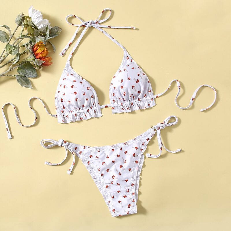 

Mushroom Frill Trim Halter Bikini Swimsuit, White