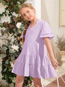 SHEIN Vestido bajo con fruncido de manga a capas - Lila Púrpura - Ver 4