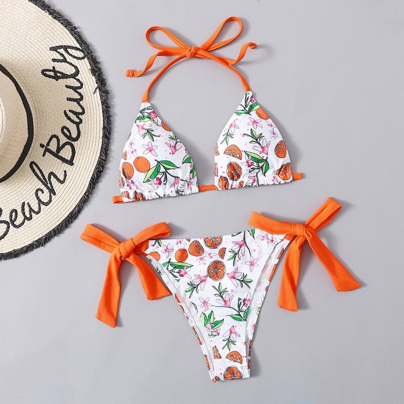 

Fruit Print Halter Bow Bikini Swimsuit, Multicolor