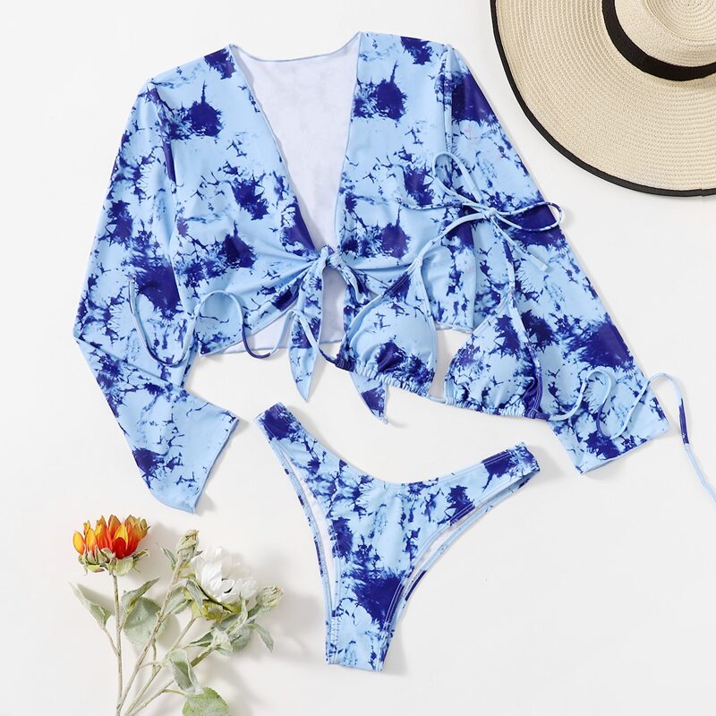 

3pack Marble Halter Bikini Swimsuit With Cover Up, Blue
