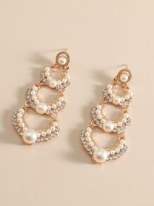 假珍珠和鑽石裝飾的垂墜耳環 - 金黃色 - 查看 3