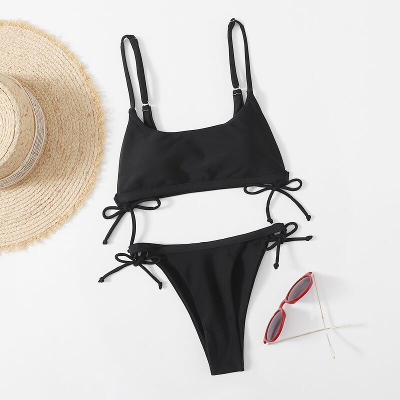 

Solid Tie Side Bikini Swimsuit, Black