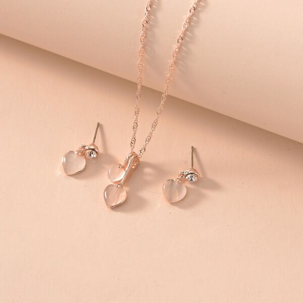 

1pc Heart Opal Charm Necklace & 1pair Drop Earrings, Rose gold