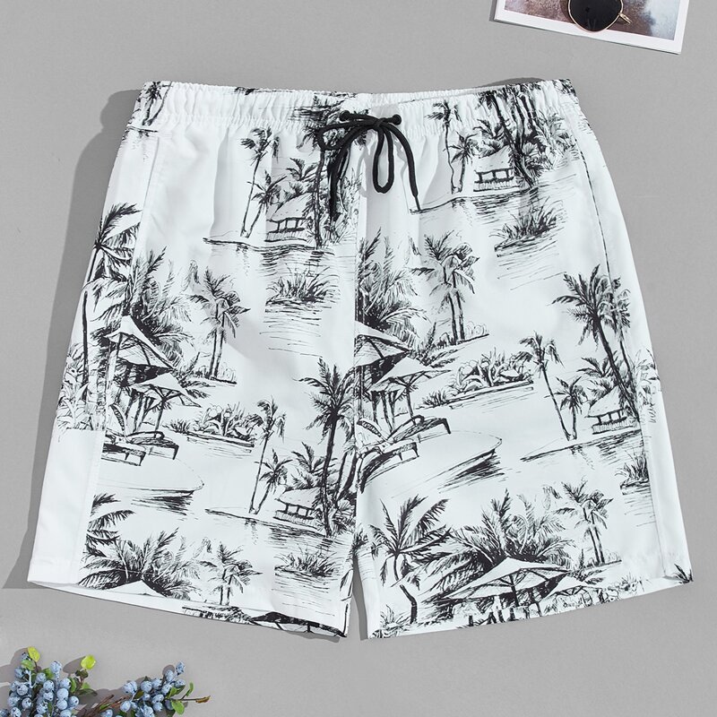 

Guys Tropical Print Drawstring Waist Swim Trunks, Black and white