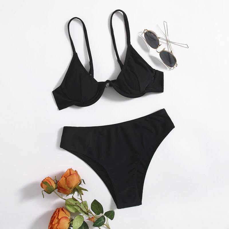 

Solid Underwire Bikini Swimsuit, Black