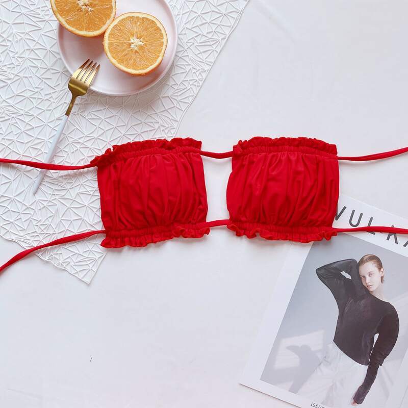 

Frill Ruched Cut Out Bandeau Bikini Top, Red