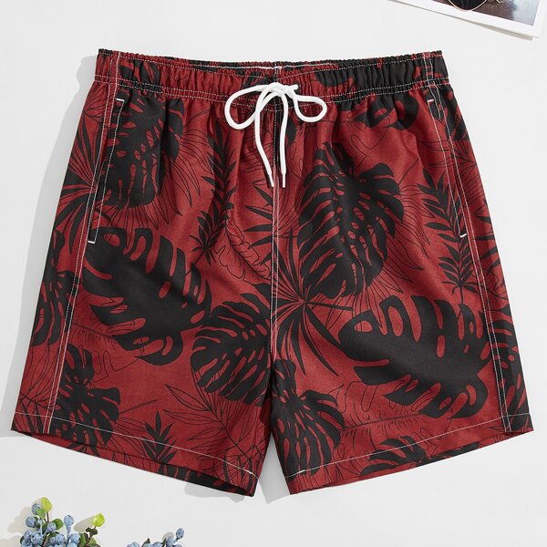 

Men Tropical Print Drawstring Waist Swim Trunks, Burgundy
