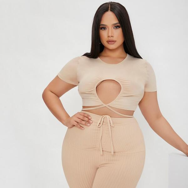 

Plus Cut Out Criss Cross Front Crop Tee, Apricot